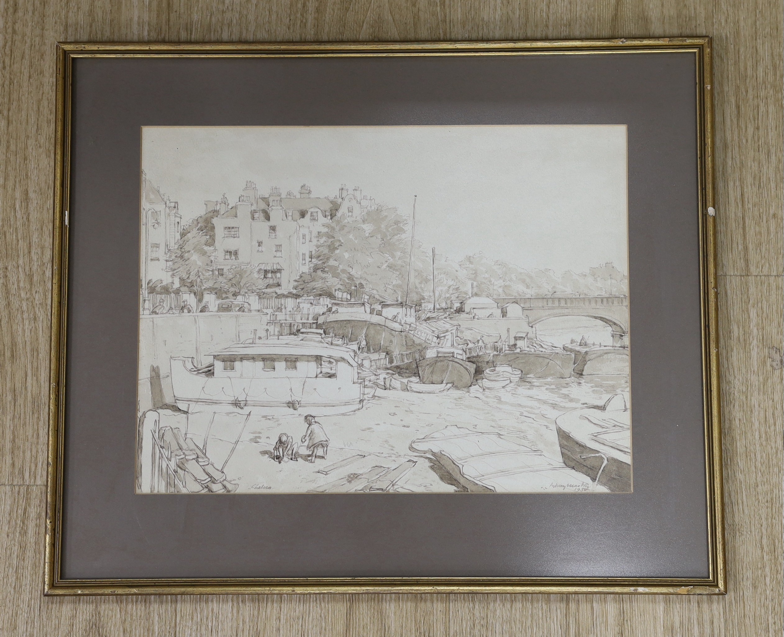 Sydney Maiden (1893-1963), monochrome watercolour, 'Cheyne Walk', signed and dated 1950, 24 x 33cm